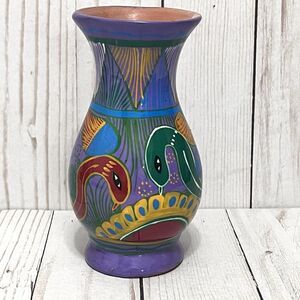 Mexican Folk Art Red Clay Pottery Terracotta Vase 7.5” Tall Stripes Disney Park